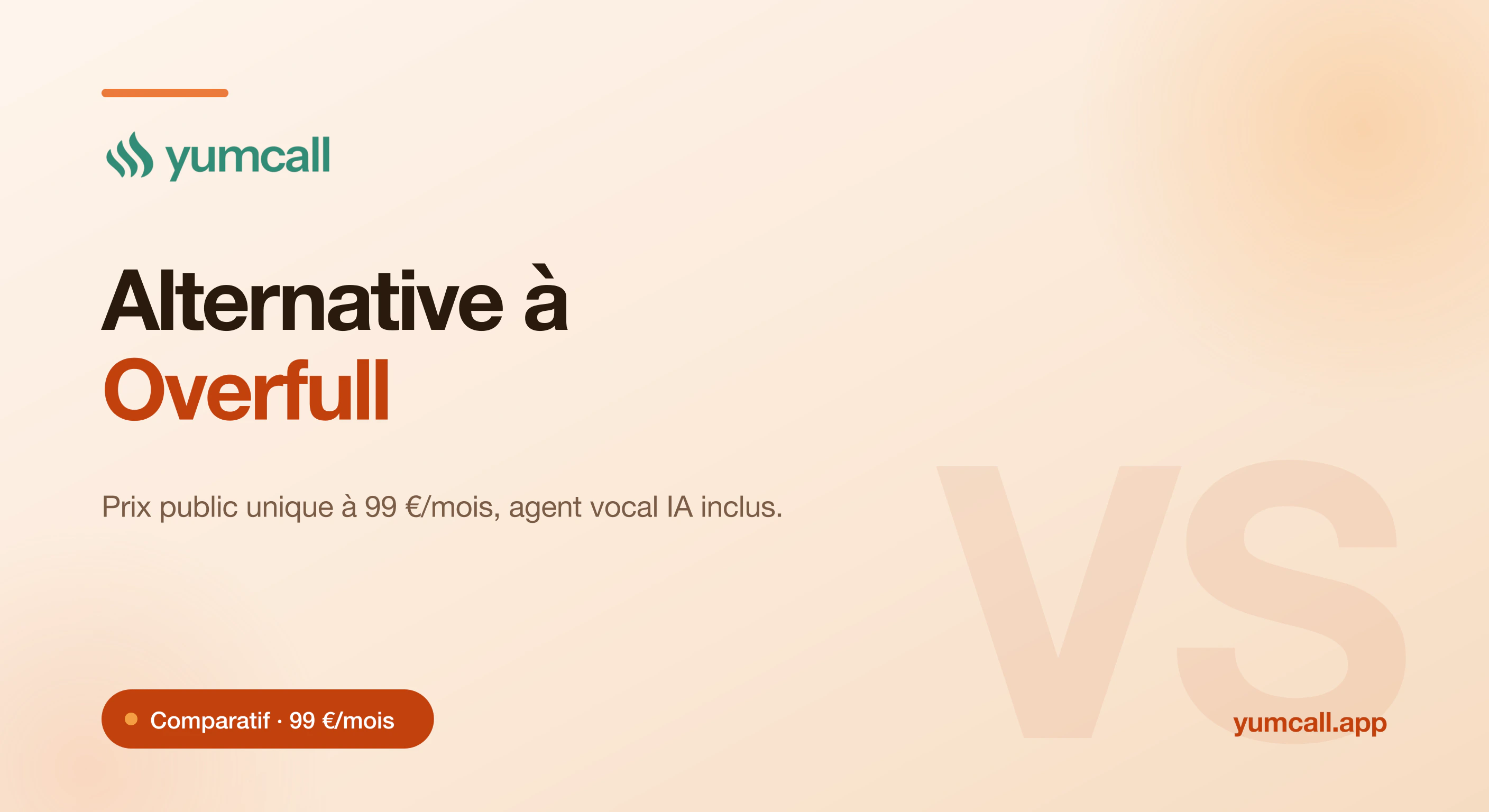 Comparatif Yumcall vs Overfull en 2026 : Yumcall réunit tout, agent vocal IA compris, dans un seul tarif public à 99 €/mois, face aux formules sur devis de la suite Overfull.