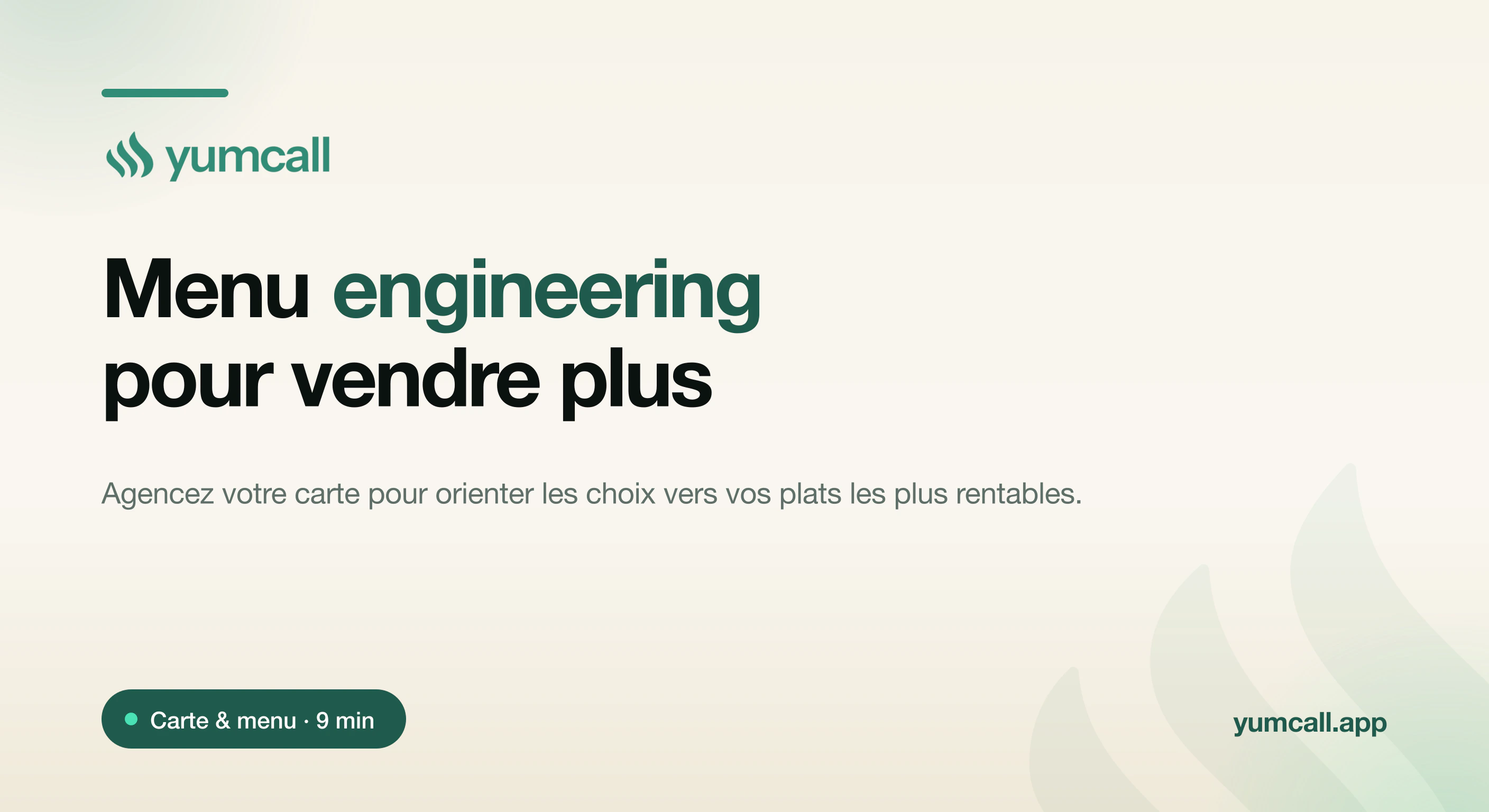 Menu engineering au restaurant avec Yumcall : analyser chaque plat selon sa popularité et sa marge pour optimiser la carte et vendre plus, illustration d’une carte de restaurant et d’une grille d’analyse stars, énigmes, chevaux de bataille sur fond crème.