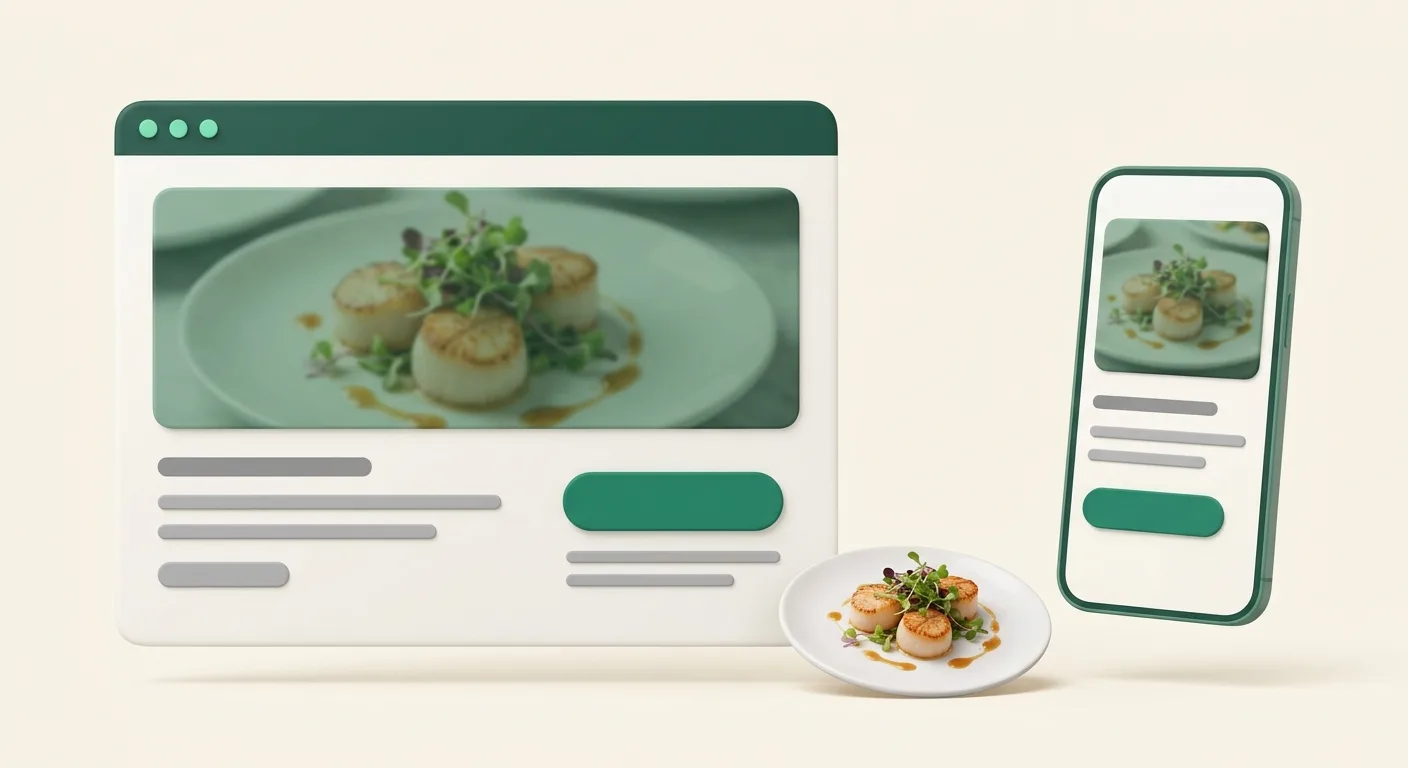 Illustration d'un site web de restaurant sur ordinateur et mobile avec une photo de plat et un bouton de réservation, créé avec Yumcall.